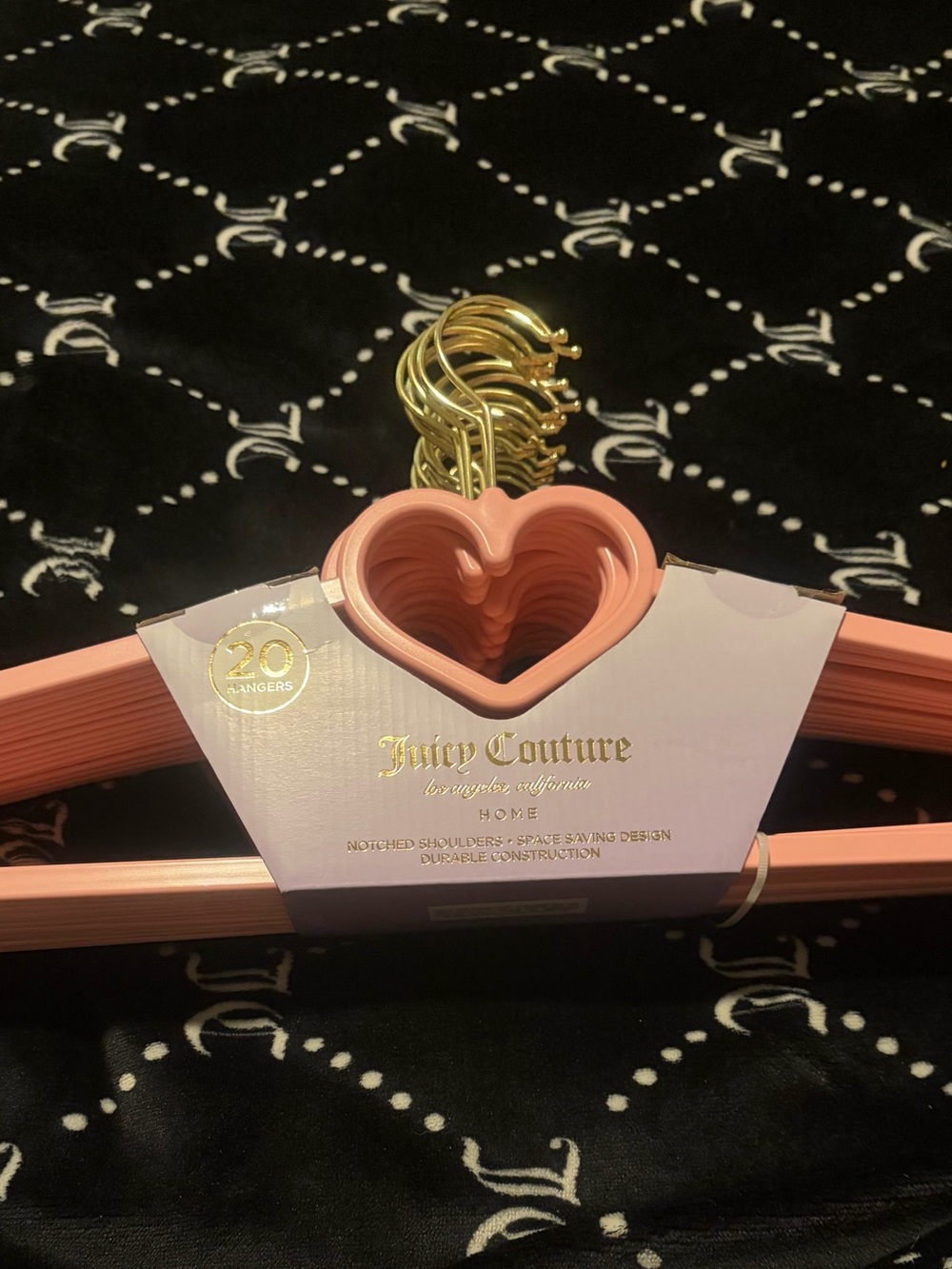 Juicy Couture Pink Velvet Heart-Top Hangers with Gold Hooks - Set of 20